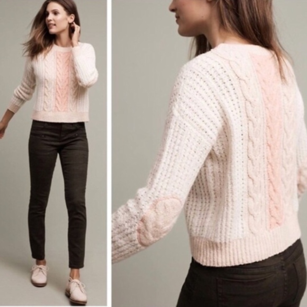 Anthropologie Pink and White Cable Knit Sweater